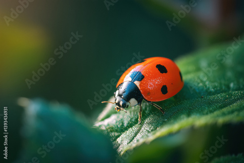 A ladybug (Coccinella septempunctata) with a bright orange shell and black spots rests on a textured green leaf.
