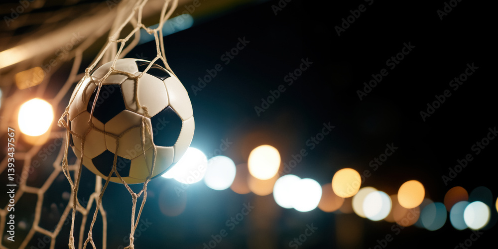 A classic black and white soccer ball is caught in the white netting of a goal, with blurred stadium lights visible in the dark background.
