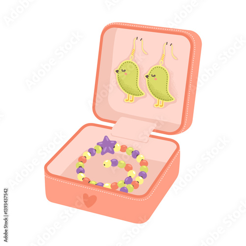 Kids jewelry box with green bird-shaped earrings and colorful beaded bracelet. Children's jewelry storage. Vector flat illustration.