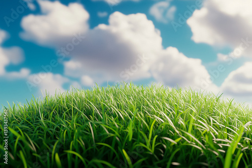 A lush patch of vibrant green grass fills the foreground, reaching towards a bright blue sky dotted with fluffy white clouds.