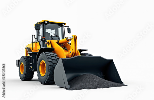 Yellow front loader, isolated on white background. Construction machinery, earthmoving equipment. Heavy duty machine for construction site. Industrial vehicle transports sand, rocks or gravel.