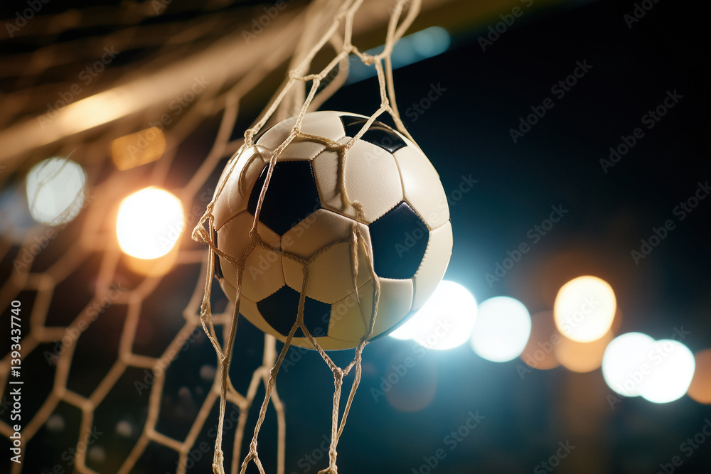 A classic black and white soccer ball is caught in the white netting of a goal, with blurred stadium lights visible in the dark background.