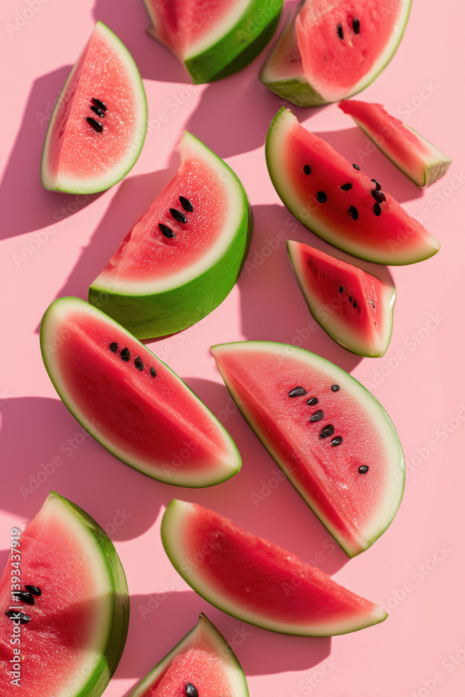 Several slices of fresh watermelon with black seeds and green rinds are arranged on a bright pink surface, casting shadows.