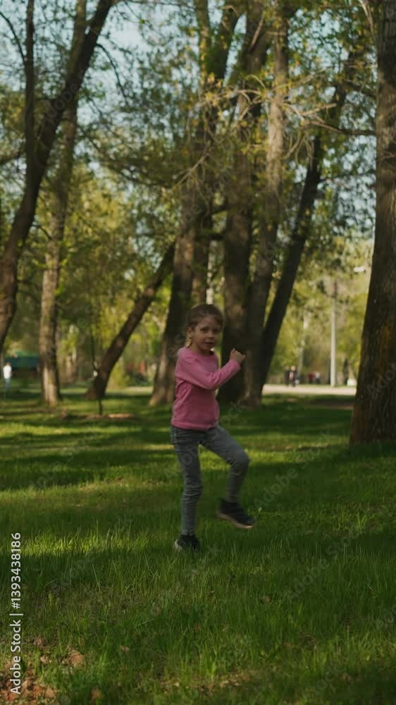 Cheerful little girl jumps around large thick tree in spring park slow motion. Healthy girl kid has fun on spring day. Activity and recreation Cheerful little girl jumps around large thick tree in spring park slow motion. Healthy girl kid has fun on spring day. Activity and recreation