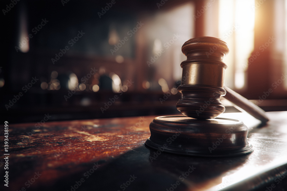 A wooden judge's gavel rests on a textured wooden surface in a dimly lit courtroom setting.