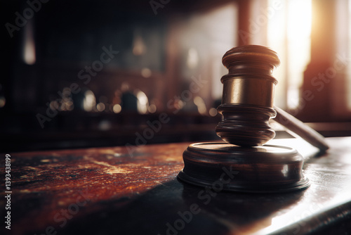 Obraz na płótnie A wooden judge's gavel rests on a textured wooden surface in a dimly lit courtroom setting. w salonie