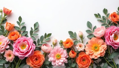 Floral border with pink orange ranunculus, hyacinth, eucalyptus on white background. Top view arrangement of flowers, leaves. Springtime composition, horizontal design for greeting cards, wedding