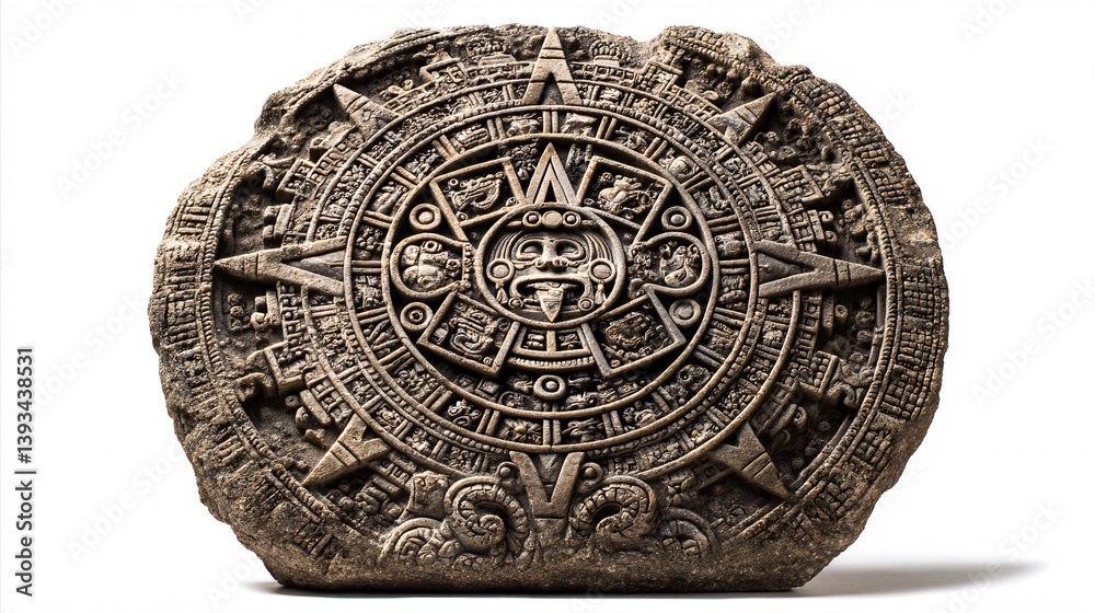 Fototapeta premium An elaborately carved Mayan calendar stone, a historical archaeological find, shown against a white backdrop. 