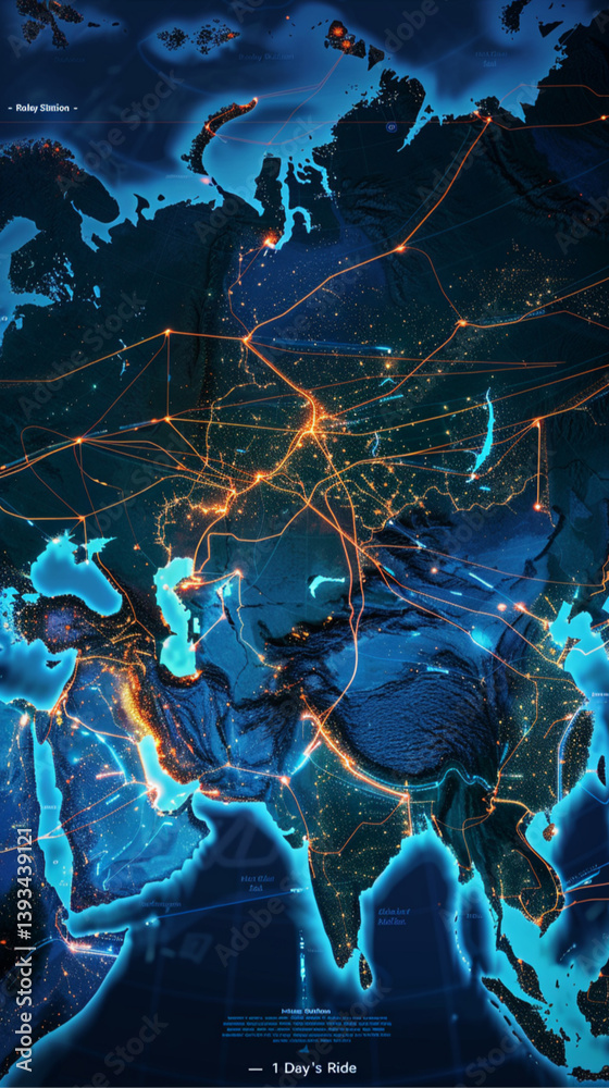 Overhead satellite-style map of Eurasia, glowing lines stretch from Beijing across a silk Road to Baghdad and Eastern Europe, forming a spiderweb-shaped network. Labels: