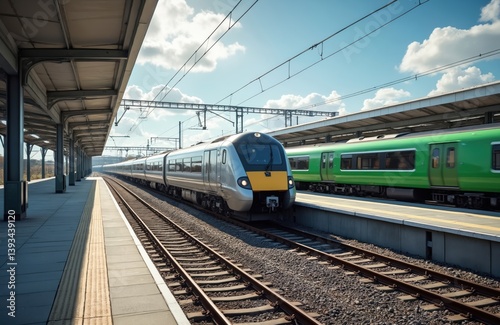 Trains arrive depart at Drogheda Macbride train station in Ireland. Trains travel on line connecting Dublin to Belfast. Rail platforms with trains on sunny day. Travel by railway, public transport.
