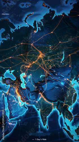 Obraz na płótnie Overhead satellite-style map of Eurasia, glowing lines stretch from Beijing across a silk Road to Baghdad and Eastern Europe, forming a spiderweb-shaped network. Labels: