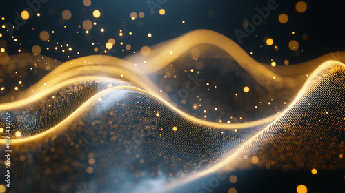 Abstract waves of golden light and shimmering particles create a dynamic, ethereal atmosphere