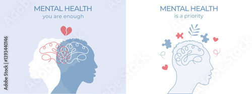 Mental Health card set.Split personality. Mental health problems and emotional burnout.Concept of psychotherapy.Vector illustration.