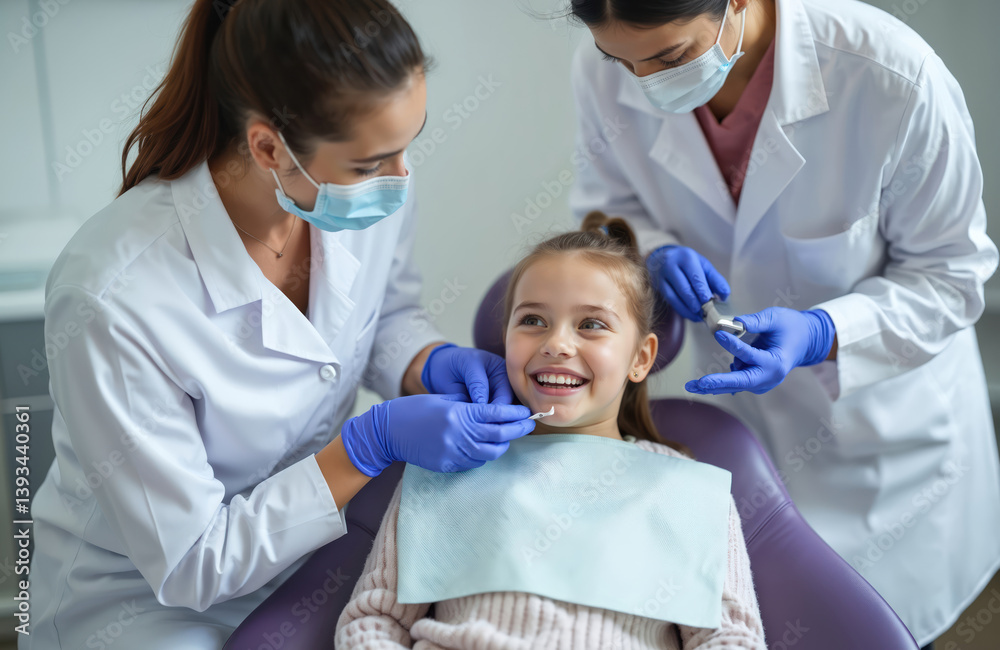 Young girl smiles in dental chair. Dentists with tools, gloves, mask in modern clinic. Child teeth checkup, dental care treatment, healthy smile. Pediatric dentistry.