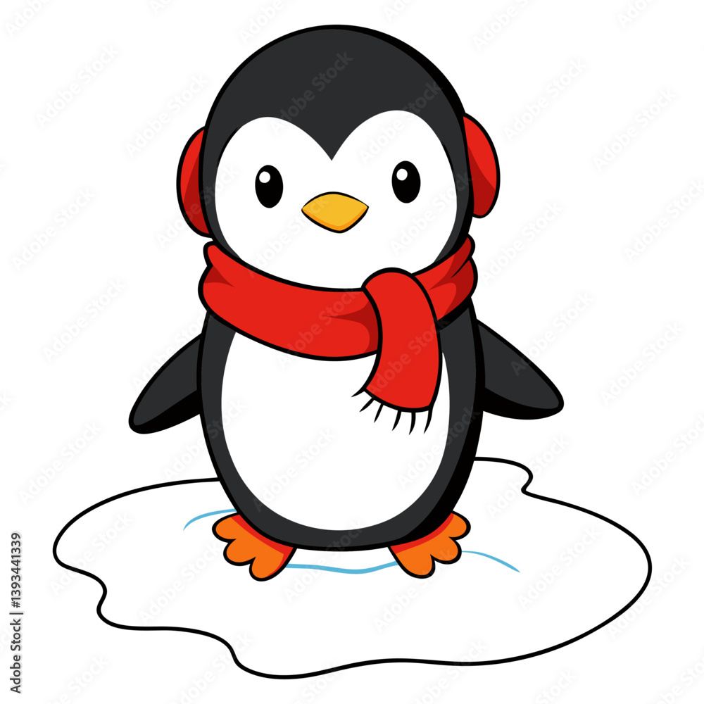 Smiling Baby Penguin Mascot with Earmuffs and a Scarf for Cute Winter and Cold Weather Illustration Smiling Baby Penguin Mascot with Earmuffs and a Scarf for Cute Winter and Cold Weather Illustration