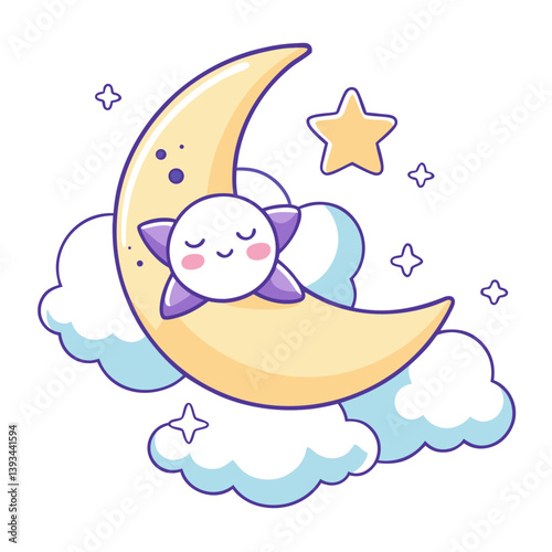 Star Mascot Sleeping on a Crescent Moon Surrounded by Clouds for Peaceful Cartoon Nighttime Illustration