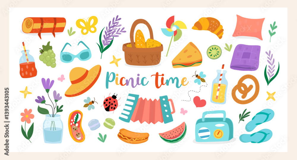 Picnic time vector set. Hand drawn flat illustrations with picnic basket, summer food, drinks, flowers, wind spinner, radio, blanket, hat, sunglasses. Perfect for summer and vacation designs Picnic time vector set. Hand drawn flat illustrations with picnic basket, summer food, drinks, flowers, wind spinner, radio, blanket, hat, sunglasses. Perfect for summer and vacation designs
