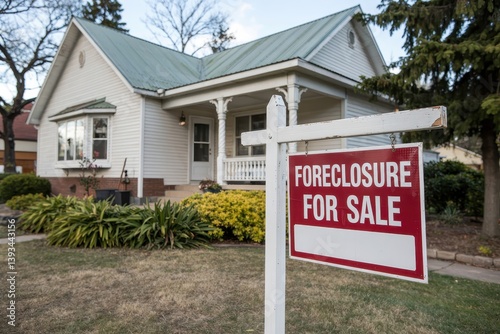 Charming white house with green roof for sale due to foreclosure.
