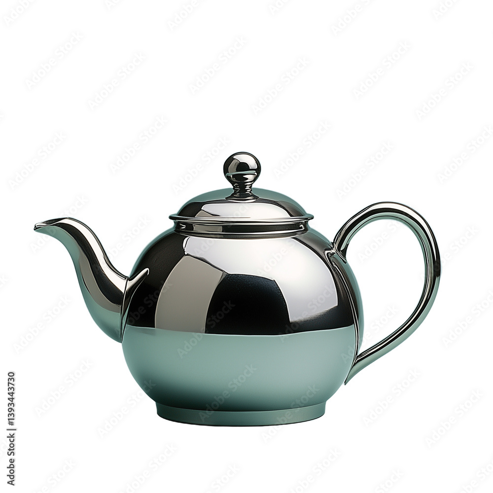 A shiny metal teapot with a lid and spout on a transparent background