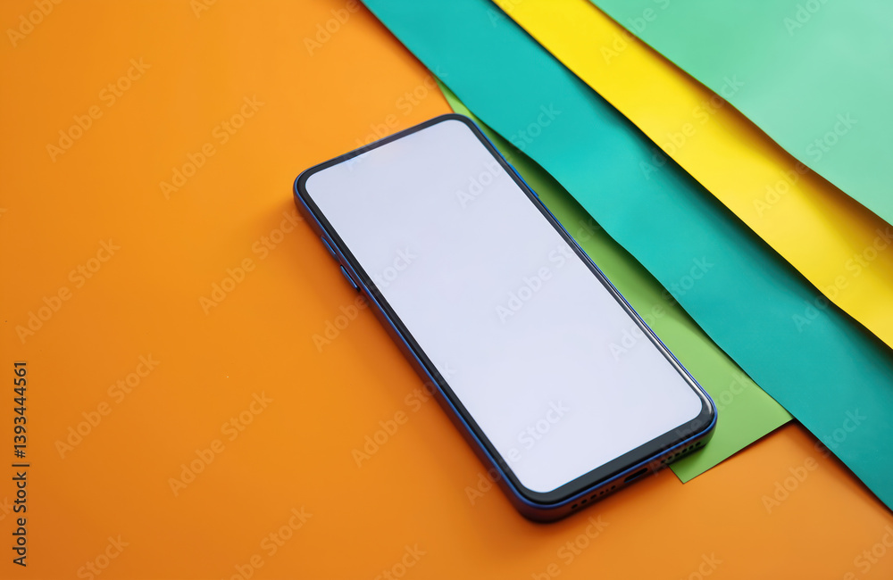 Fototapeta premium Smartphone with blank white screen display lies on orange backdrop with colorful green and yellow sheets. Modern mobile tech, app interface or website mockup.