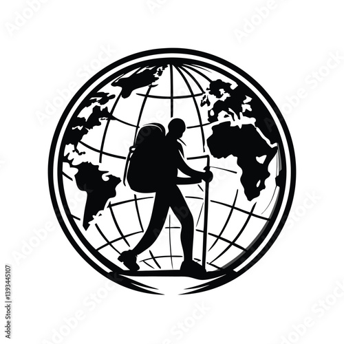 Hiker Silhouette with Backpack and Hiking Pole over World Map Icon Black