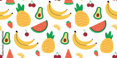 Seamless pattern with summer fruits. banana, lemon, watermelon, avacado, flat children's background with dessert, food. graphics for print, holidays, wallpaper, banner, surface texture, fabric. vector