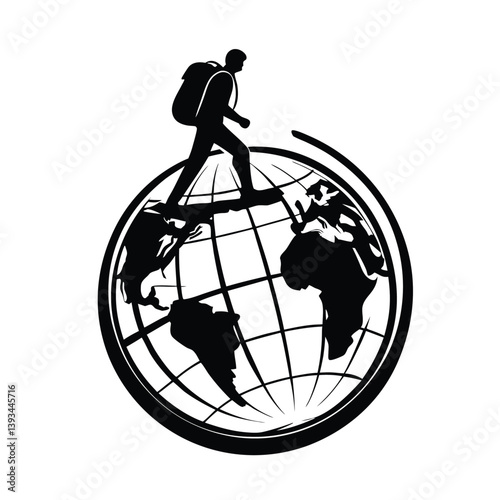 Black Silhouette Backpack Traveler Walking Atop A Stylized World Globe