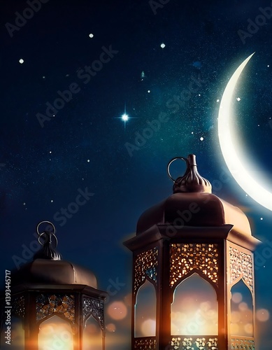 Amidst the night sky, a mosque's architecture stands illuminated, a beacon of religion in the city, with a star-like lantern adding a festive touch