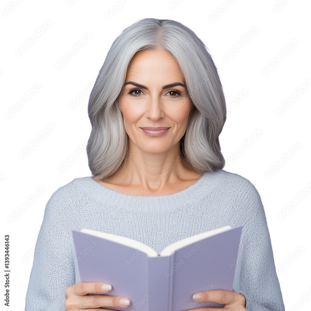 Woman with long gray hair holding a book and smiling on transparent background