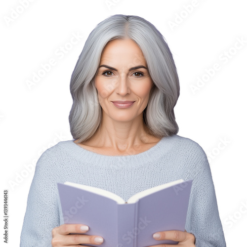 Obraz na płótnie Woman with long gray hair holding a book and smiling on transparent background w salonie