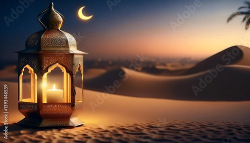 Amidst the night sky, a mosque's architecture stands illuminated, a beacon of religion in the city, with a star-like lantern adding a festive touch