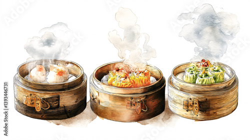 Classic dim sum served in bamboo steamersdumplings showcasing Chinese foodwith visible steam against a white background.  