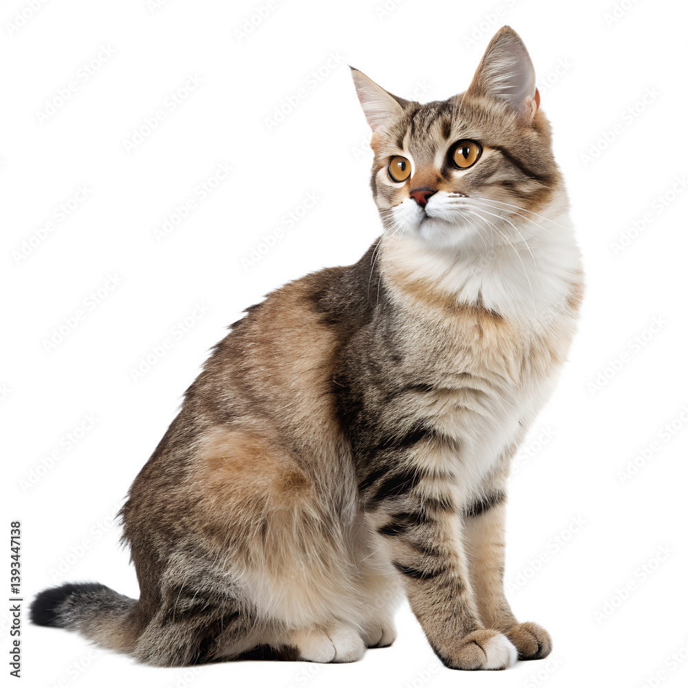 Fototapeta premium Tabby cat sitting sideways looking up on transparent background