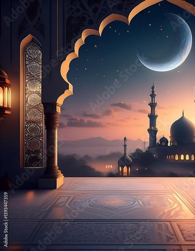 Amidst the night sky, a mosque's architecture stands illuminated, a beacon of religion in the city, with a star-like lantern adding a festive touch