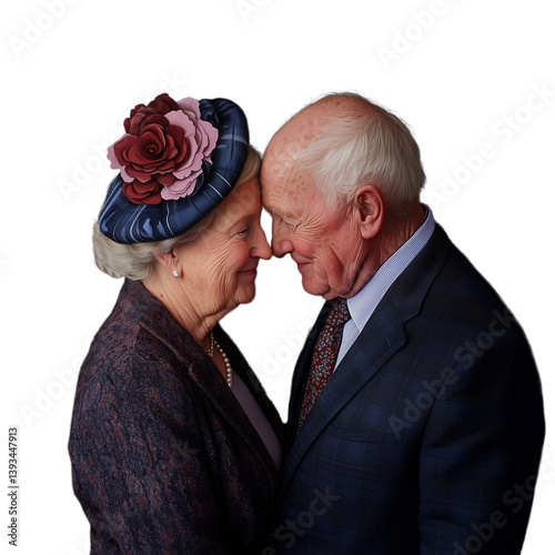 Elderly man and woman in loving embrace wearing formal clothing on a transparent background