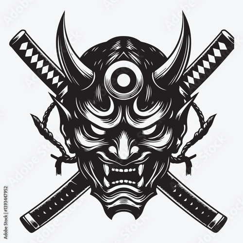Oni mask and two crossed katanas vector illustration in monochrome style isolated on white background stock illustration