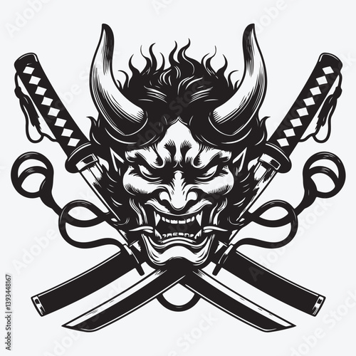 Oni mask and two crossed katanas vector illustration in monochrome style isolated on white background stock illustration