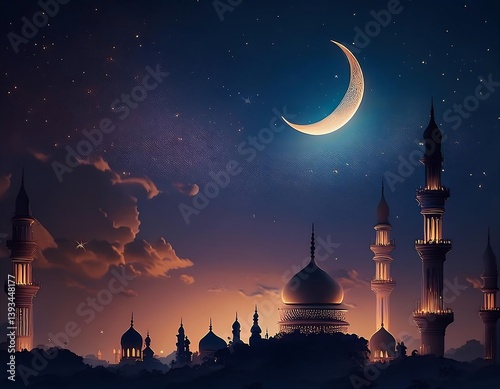 Amidst the night sky, a mosque's architecture stands illuminated, a beacon of religion in the city, with a star-like lantern adding a festive touch