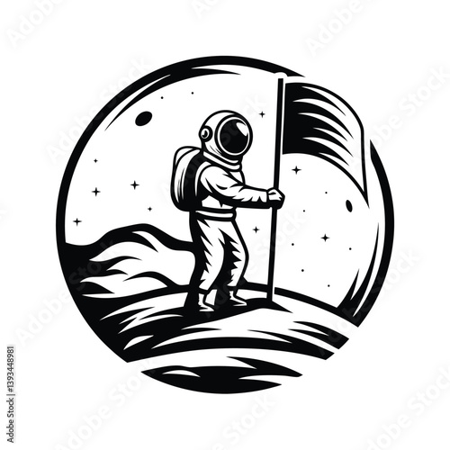 Astronaut Planting Flag, Moon Landing Silhouette Illustration, Space Exploration Concept