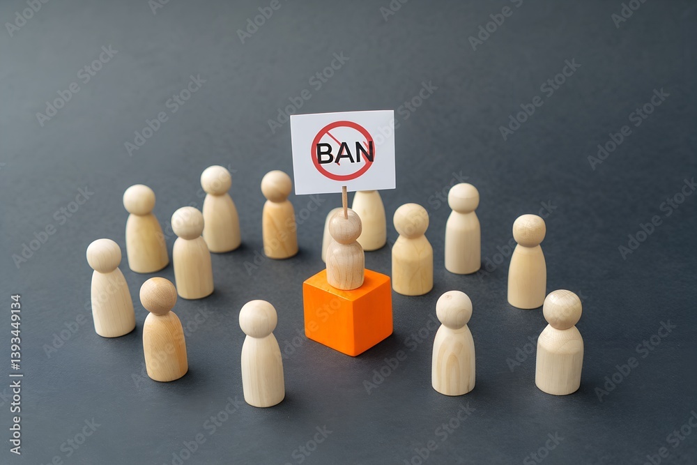 Obraz premium The Ban and the Collective: A symbolic depiction of opposition and restriction, featuring a central figure holding a 'ban' sign amidst a group of wooden figures, evoking themes of protest.