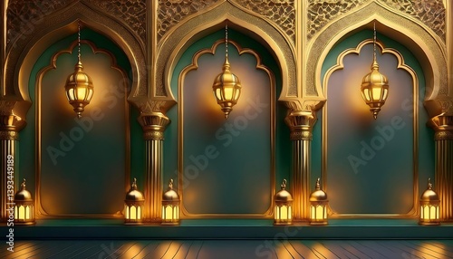 Amidst the night sky, a mosque's architecture stands illuminated, a beacon of religion in the city, with a star-like lantern adding a festive touch