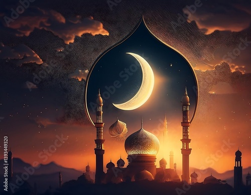 Amidst the night sky, a mosque's architecture stands illuminated, a beacon of religion in the city, with a star-like lantern adding a festive touch