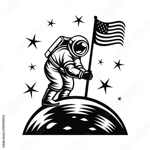 Monochrome Astronaut Planting American Flag on Moon With Stars, Patriotic Space Exploration
