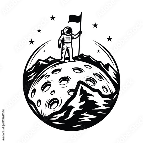 Monochrome Spaceman With Flag on Lunar Surface Surrounded by Stars in Cosmos Design