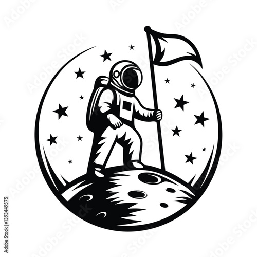 Isolated Astronaut on Lunar Surface Holding Flag Surrounded by Stars, Black and White