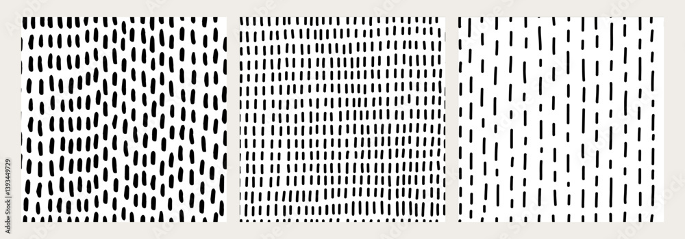 Abstract pattern set. Black and white hand drawn seamless textures collection with playful designs like raindrops, dots, and dashes. Great for packaging, stationery, backgrounds, or textile projects