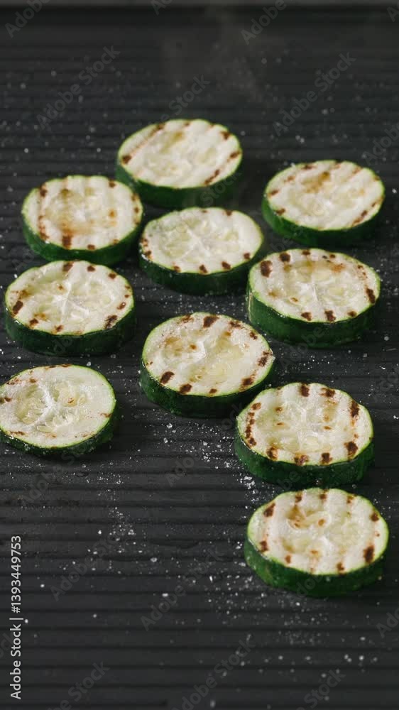 cook remove fresh grilled zucchini slices with spices from hot electric table grill for making healthy meal, food closeup