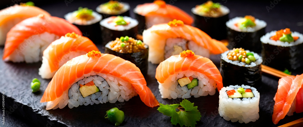 Colorful sushi rolls arranged on a dark stone plate with vibrant toppings Generative AI Colorful sushi rolls arranged on a dark stone plate with vibrant toppings Generative AI