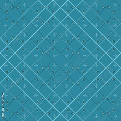 Seamless pattern with blue geometric and floral motifs