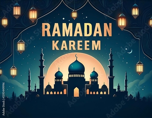 Amidst the night sky, a mosque's architecture stands illuminated, a beacon of religion in the city, with a star-like lantern adding a festive touch